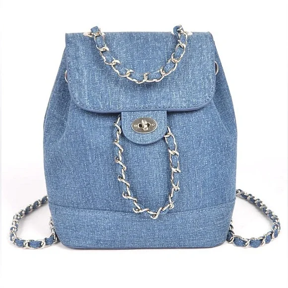 Denim Chain Drawstring Mini Backpack - Picture 1 of 6